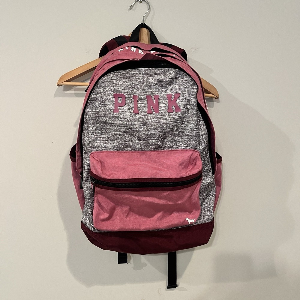 PINK Logo Backpack Pink/Gray/Burgundy Zip Front Pocket Adjustable Straps